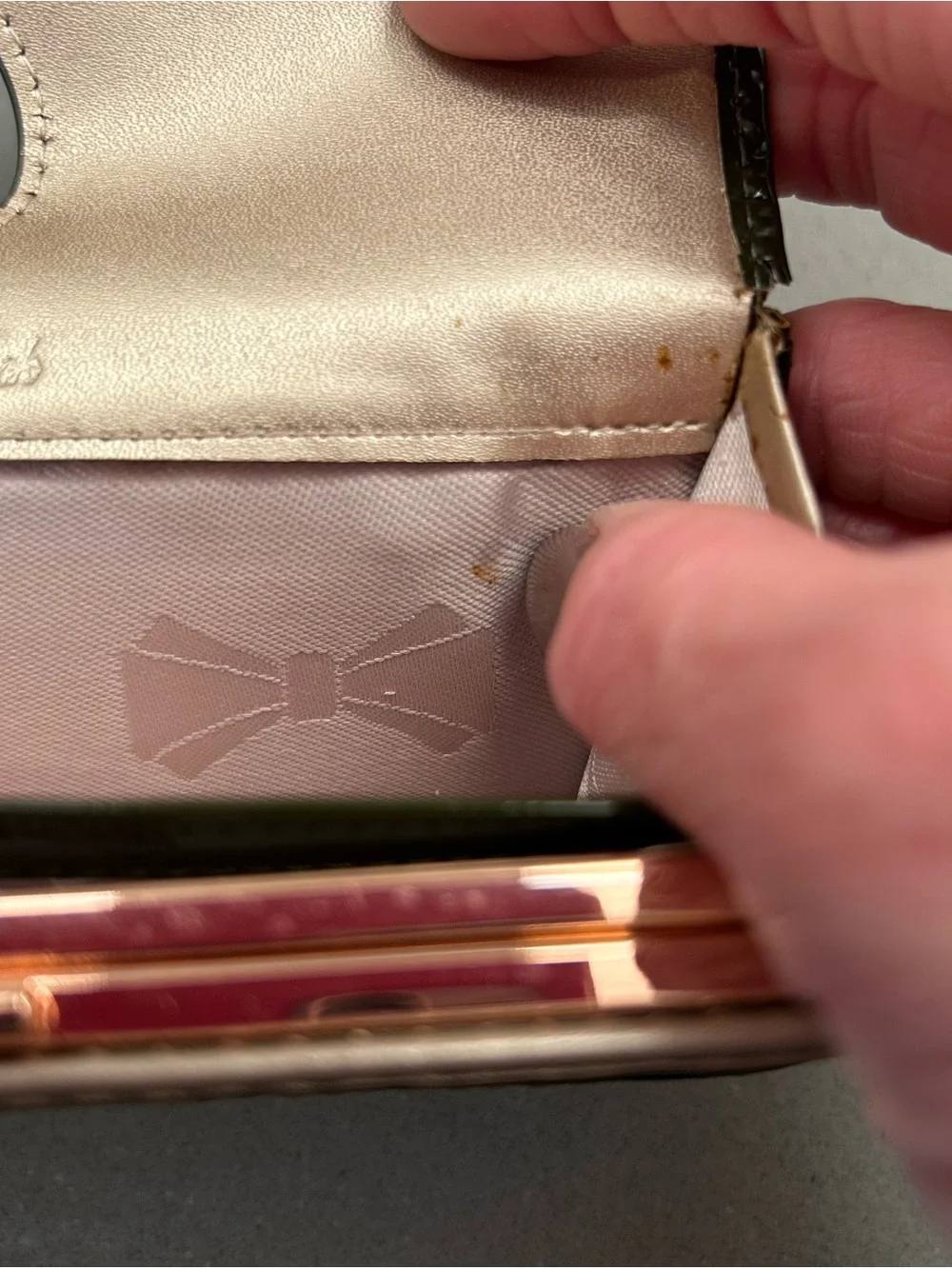 Ted Baker Olive Green Patent Clutch with crystal and pearl kiss lock